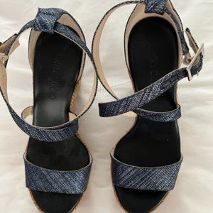 Jimmy Choo Portia 120 DFW Metallic Denim Espadrille Wedge Sandals